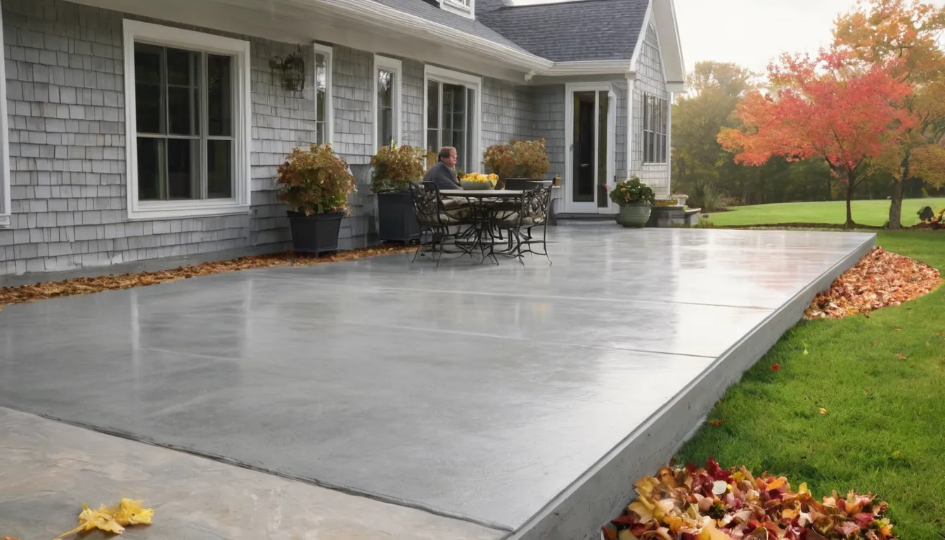 A newly poured concrete patio behind a home in Phoenixville with a light broom finish and outdoor chairs